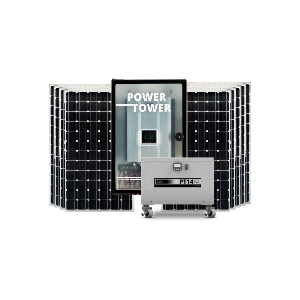 Photo of Hybrid Power Solution's Ranger power system. This solar and backup power system shows 8 solar panels of 340-Watts , a Power Tower, and a PT Battery 14. 