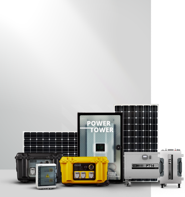 Hybrid Power Solution's products viewed from a frontal perspective. The graphic features two solar panels of 340-Watts, a Power tower, a Batt Pack Energy XP, a Batt Pack Energy, a PT Battery 5 & 14, and a solar combiner box.
