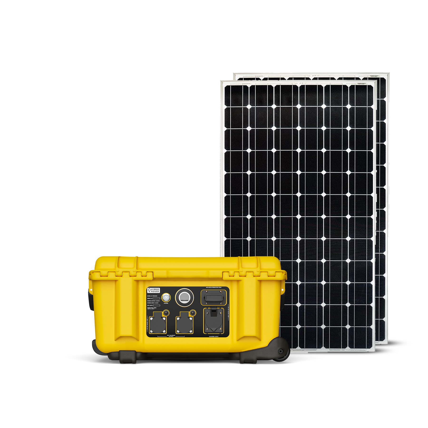 Photo of Hybrid Power Solution's Batt Pack Energy and 2 solar panels of 340-Watts viewed from a front perspective. 
